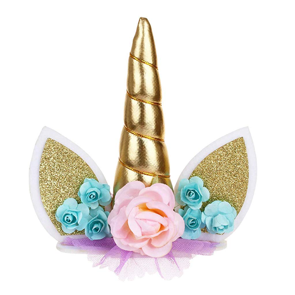 Supvox Handmade Gold Reusable Unicorn Horn Ears Eyelash Set Birthday Cake Topper for Decoration (5.8 Inch)