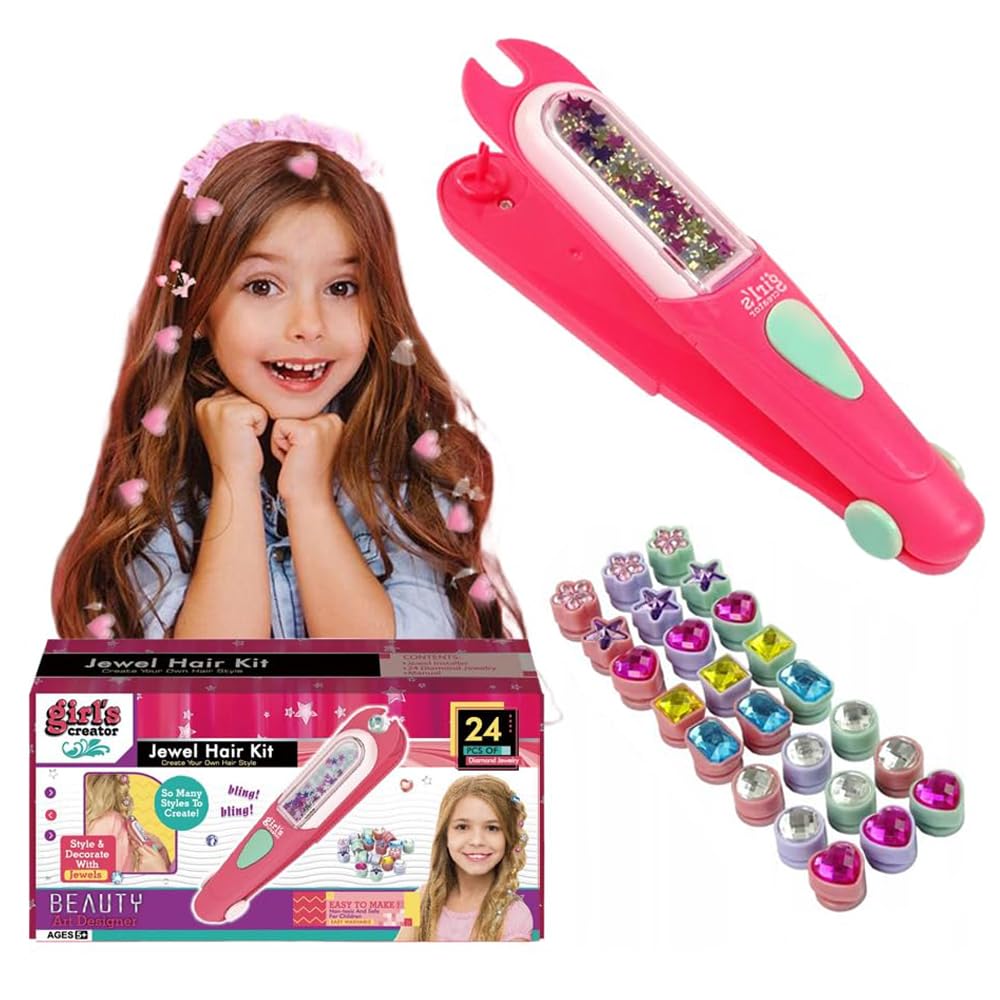PATPAT Hair Gem Stapler with Kit 24pcs Reuseable Gem Patch Girl Quick Hair Gems for Teens Girl Hair Dressing Braid Gem Stamper Hair Stylish for Birthday Party Hair Styling Tool Girls Gifts