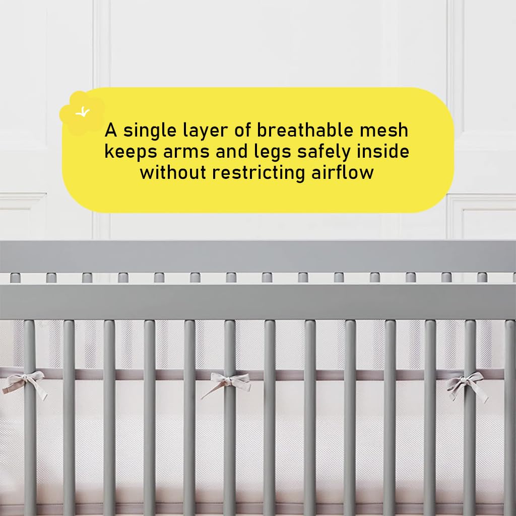SNOWIE SOFT Breathable Mesh Crib Liner 62×11.8 in for Baby Cribs with Cuttable Fabric Fence | Easy Detachable Design