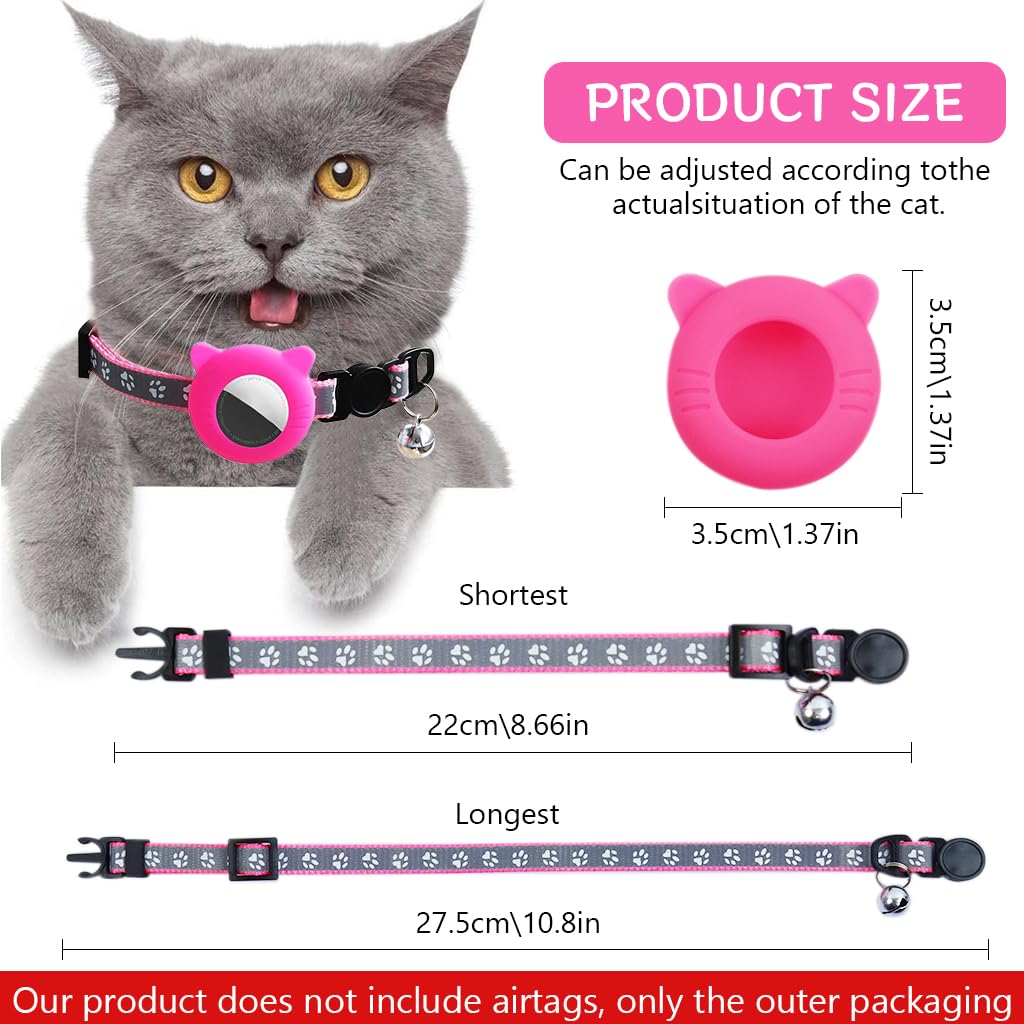 Qpets® Pink Cat Collar with Silicone Airtag Holder, Reflective Airtag Case Cat Collar with Bell Quick Release Adjustable Cat Collar for Small Cat Kitten (8.6-10.8