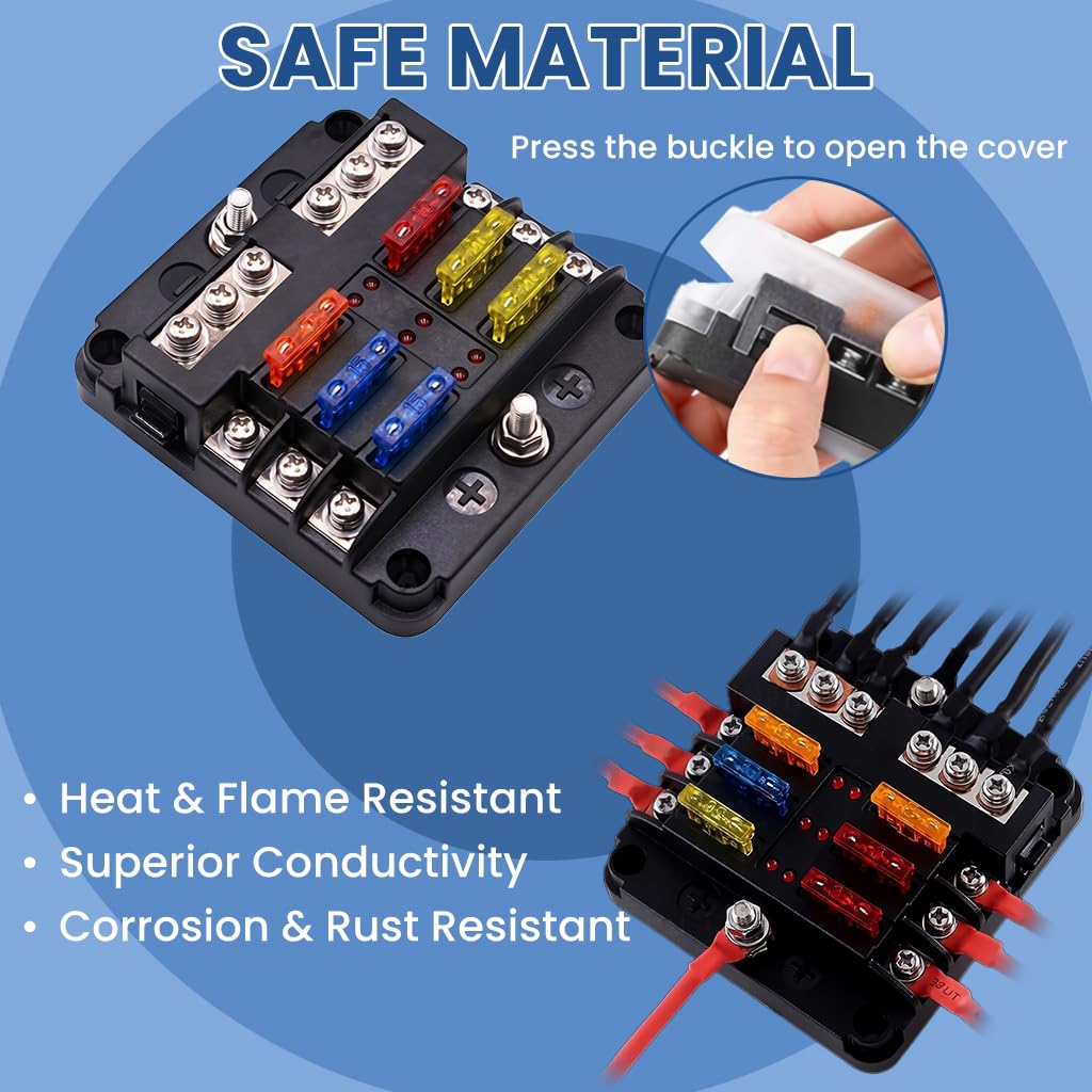 STHIRA Automotive Fuse Block Panel Kit for 12V 24V Systems with LED Indicators & Bus Bars