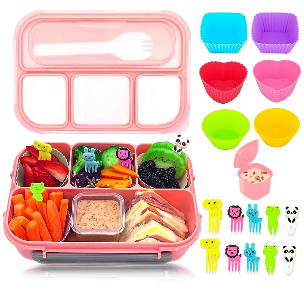 Supvox® Lunch Box for Kids School Bento Box for Kids 4 Compartments Bento Box Fruit Box for Kids to School, with 6 Cups, Kids Fruit Picks, Mini Sauce Box, School Lunch Box for Kids, Pink