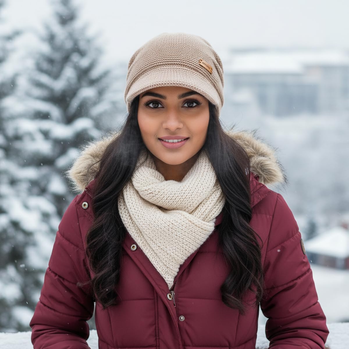 SANNIDHI Winter Cap for Women featuring Plush Lined Knit Fabric and Short Brim | Khaki Slouchy Beanie for Cold Weather