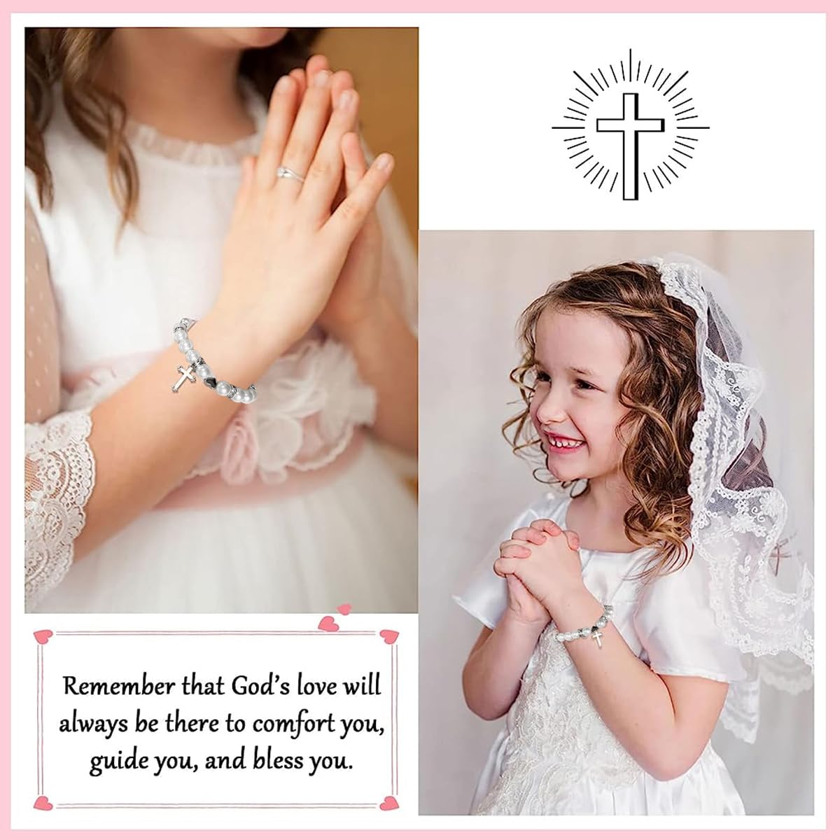 Venzina Pearl Bracelet for Girls featuring Cross Charm and Adjustable Fit | Christening Gift