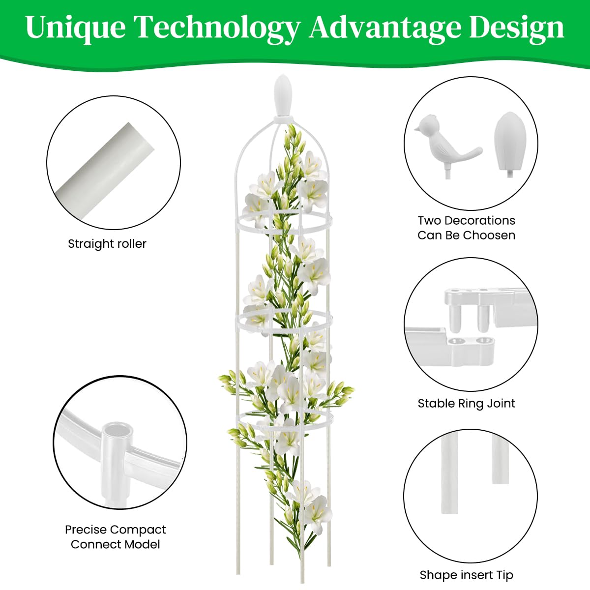 HASTHIP Garden Plant Support for Climbers featuring 120 cm Obelisk Trellis with Bird Decor | Decorative Plant Stand for Clematis Ivy and Roses