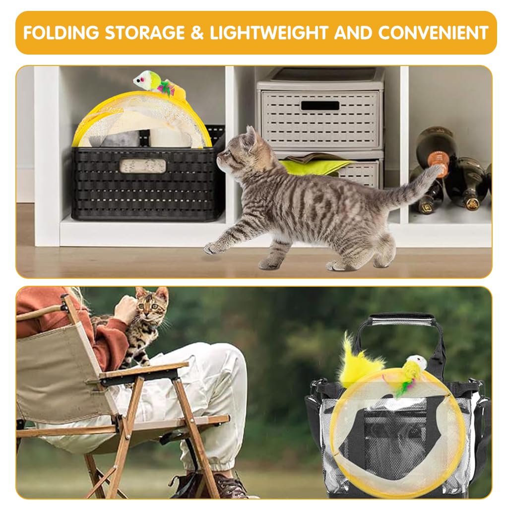 Qpets Cat Tunnel for Indoor Cats with Elastic Spring and Feather Toys | 3 PCS Collapsible Playhouse