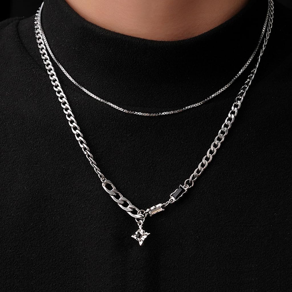 ZIBUYU Layered Chain Necklace with Sparkling Black Stone for Unisex Gothic Punk Style