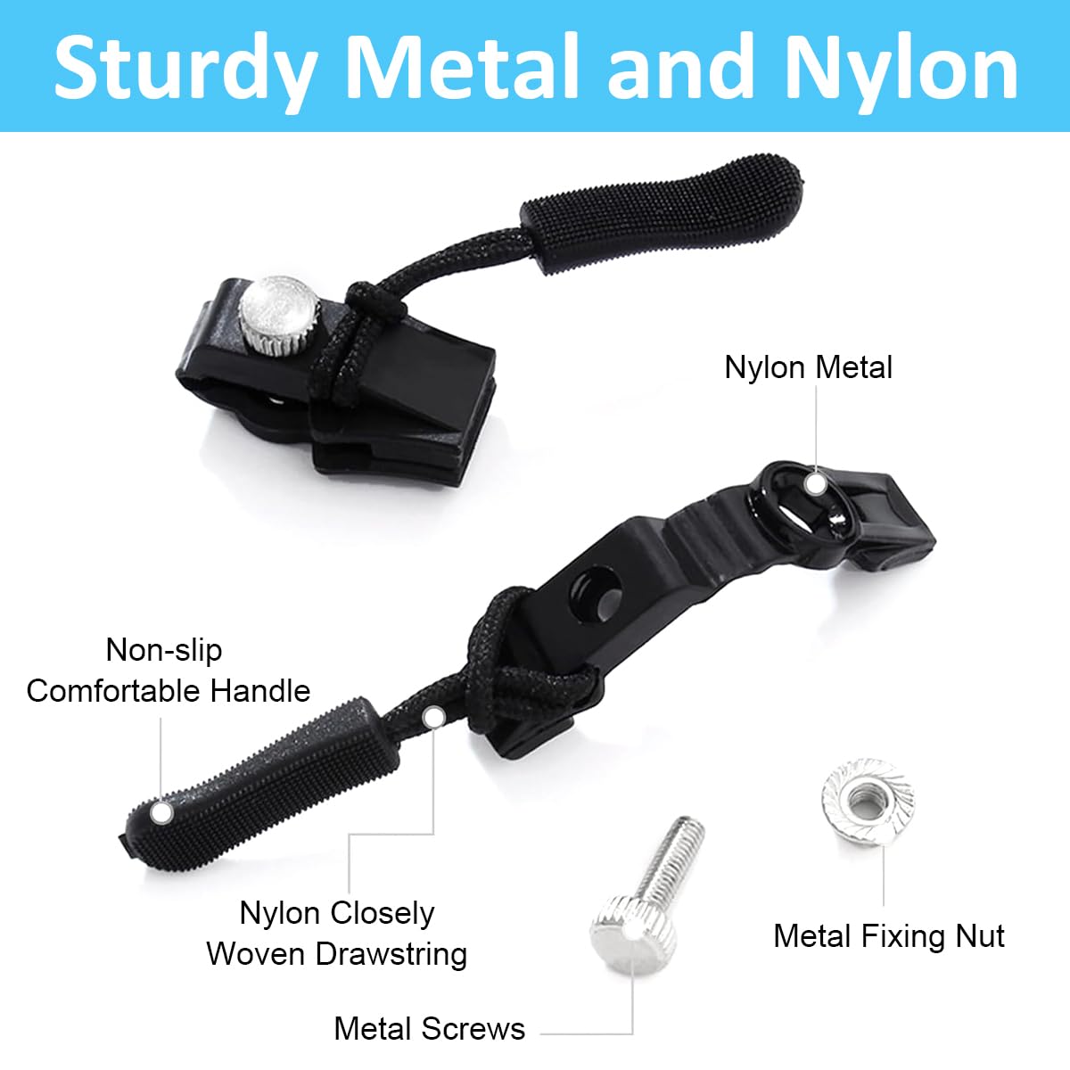 HASTHIP Zipper Repair Kit for Bags and Garments featuring Screw-Fixed Sliders | 12Pcs Metal and Nylon Pull Tabs