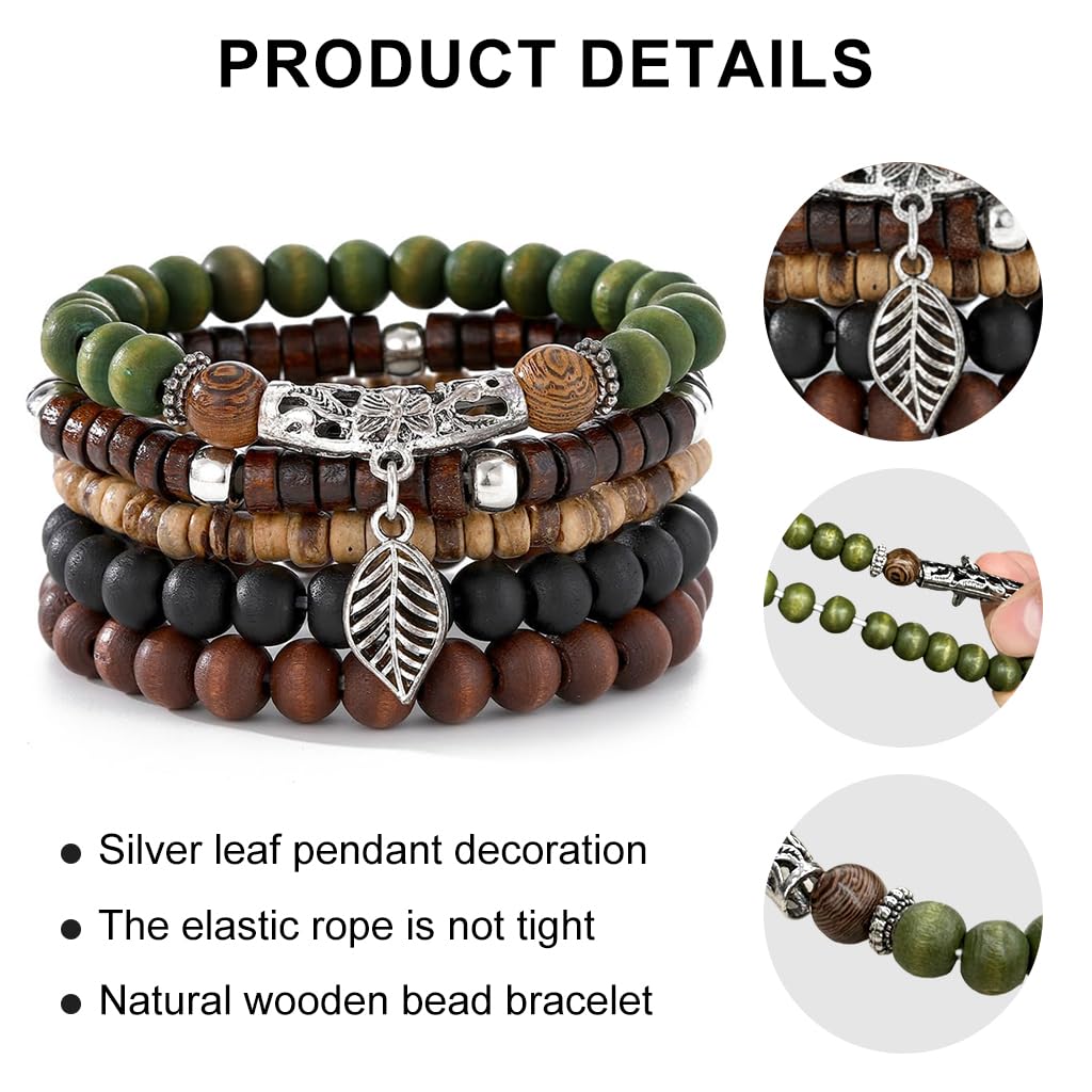 GUSTAVE Multi Layer Beaded Bracelet Set for Daily Wear with Wooden Beads and Alloy Charms | 5 Piece Boho Jewelry for Men and Women