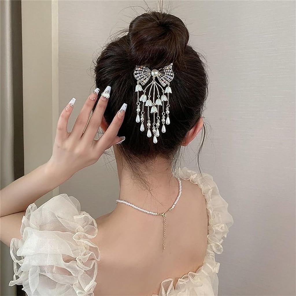 Venzina Hair Bun Accessories for Women with Pearl Tassels and Rhinestone Bow Clip | Elegant Wedding and Party Hairpiece