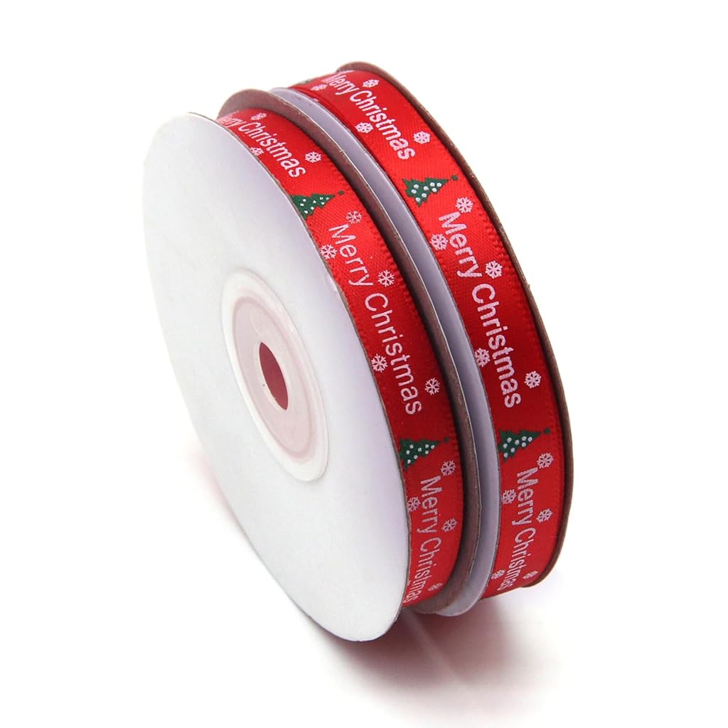 HASTHIP® Christmas Ribbon Roll 25 Yard Ribbons for Gift Wrapping, Decorative Red Printed Merry Christmas Tree Fecor Items Ribbons for Decoration, 1cm Width