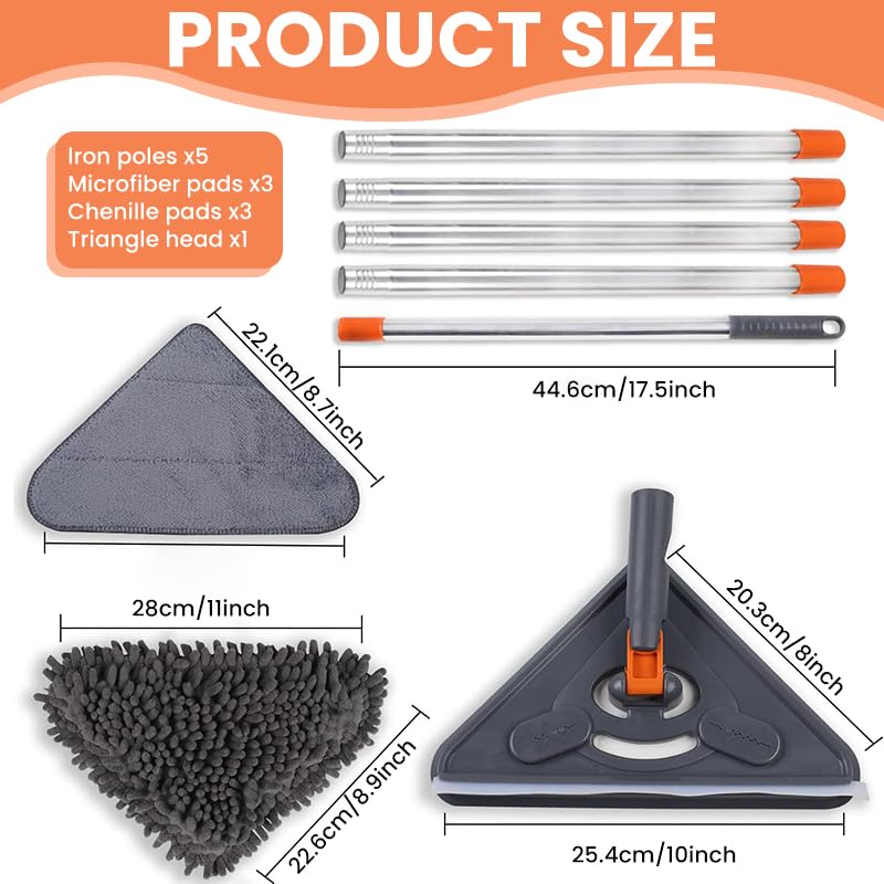 ZIBUYU Triangle Floor Mop for Tiles and Ceilings with 6.6ft Adjustable Handle | 360° Rotating Head