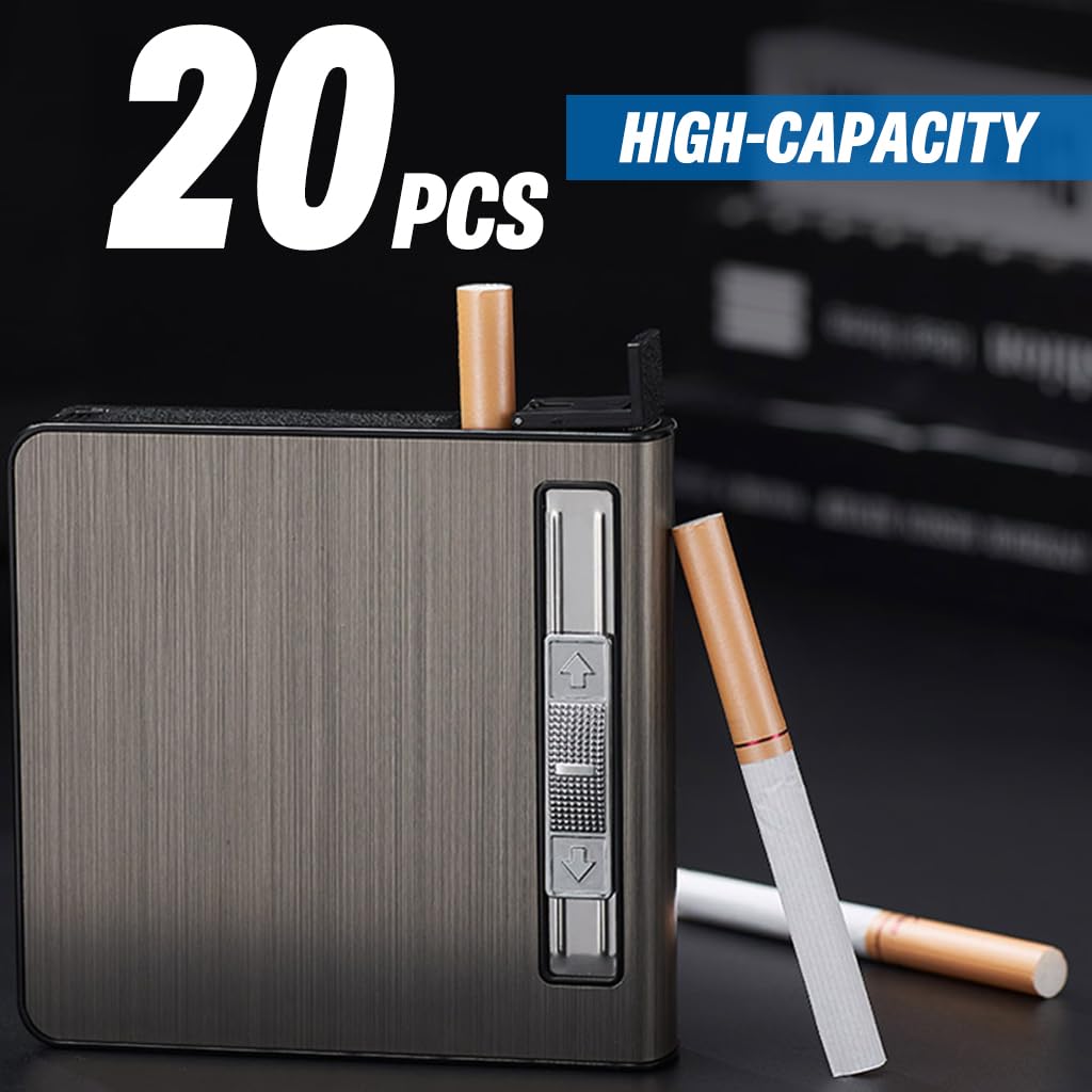 HASTHIP Cigarette Case with Refillable Torch Lighter for Daily Use featuring Brushed Aluminum Alloy Holds 20 Cigarettes
