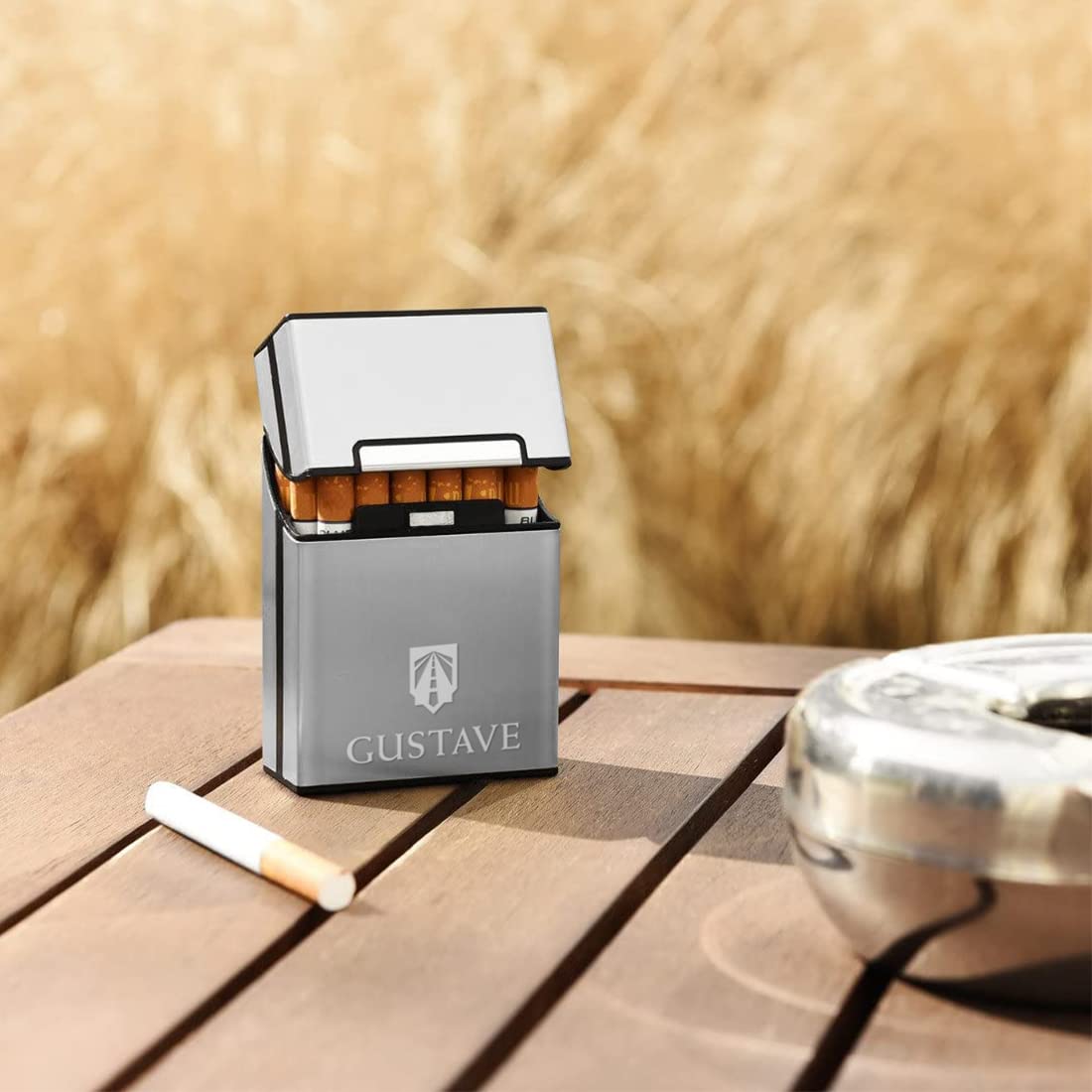 GUSTAVE Cigarette Case for Whole Pack 20pcs featuring Magnetic Seal and Aluminum Shell | Black and Silver Set
