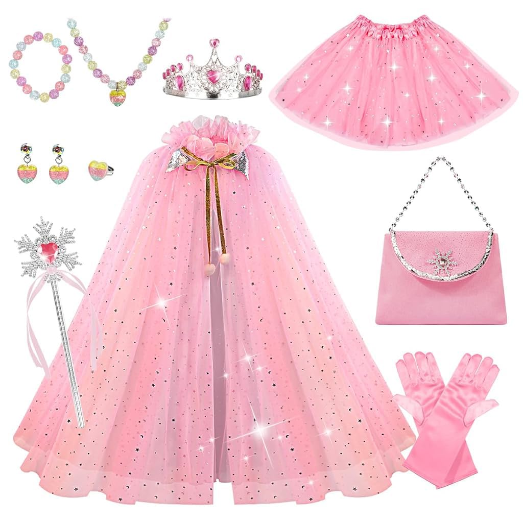 PATPAT® Princess Dress Up Costume for Girls Pink Dreamy Lace Cape Skirt with Beaded Jewelry, Fairy Wand, Gloves, Bag, Princess Cosplay Halloween Princess Dress Up Set Birthday Gift for 3-8 Years Old