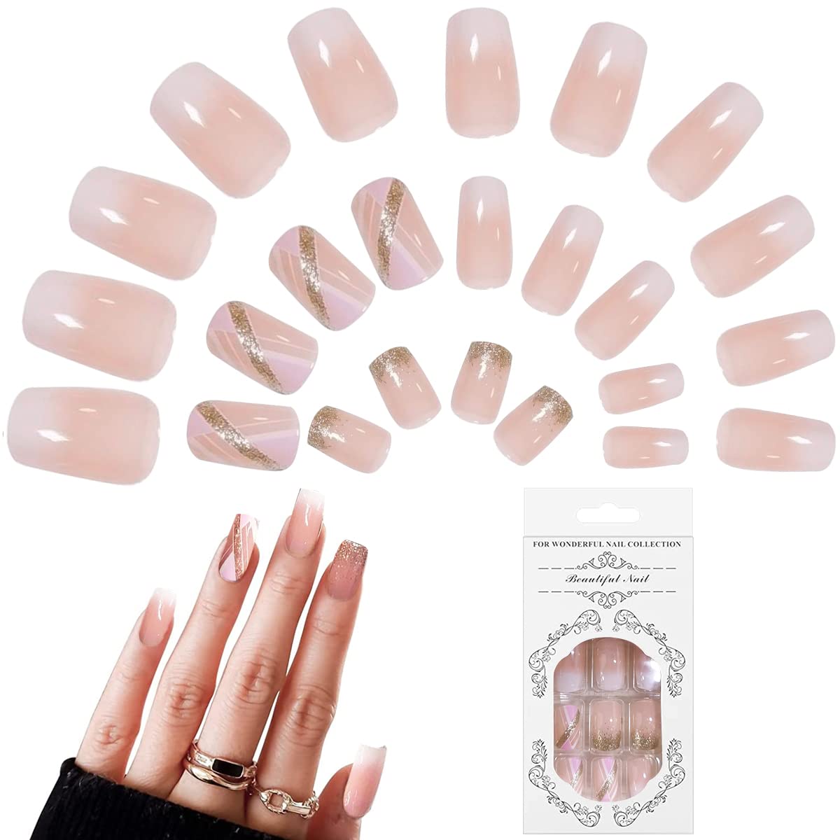 MAYCREATE® 24pcs Press-On Gel Nails Nude Color French Nail Press on Gel Nail Nude Color French Fake Nails Full Cover Press On False Nails with Double Sided Adhesive Tabs