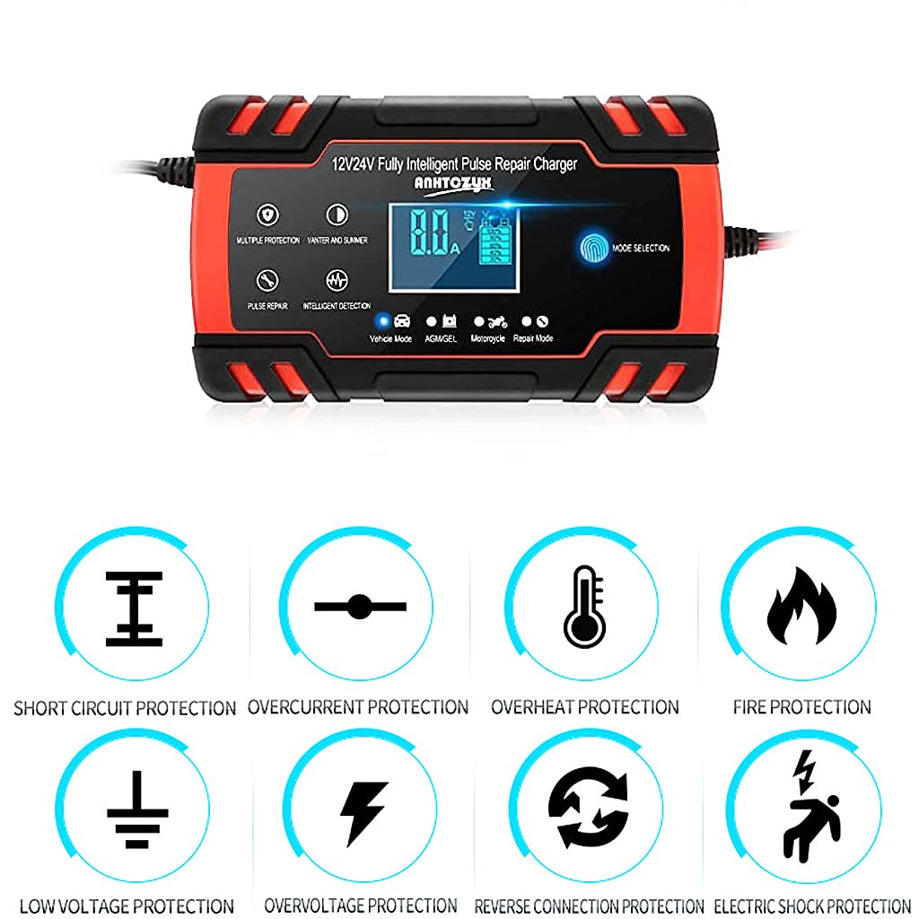STHIRA Car Battery Charger for 12V and 24V Lead Acid Batteries with 8A Output | Intelligent Digital Display and Multi Protection