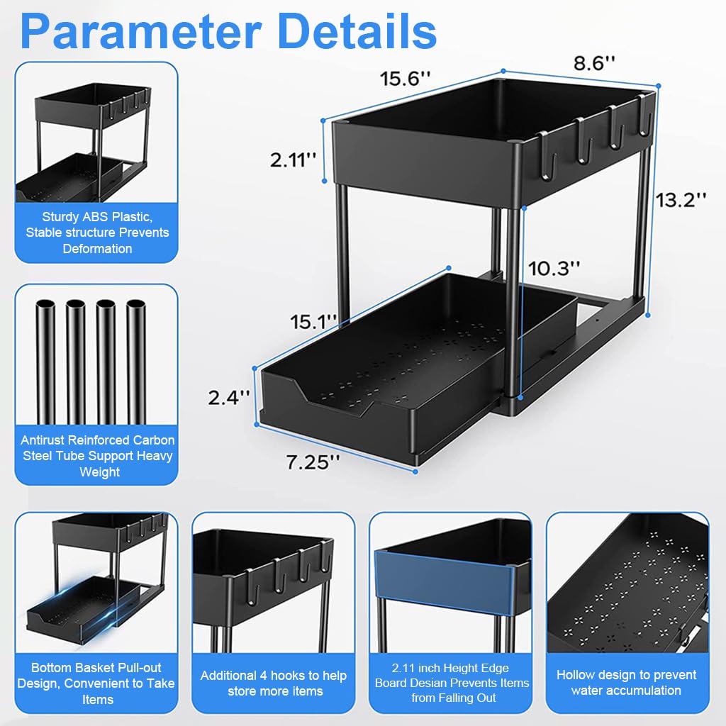 Supvox® Kitchen Organizer with Hanging Tableware Holder and Hooks Rack Seasoning Bottle Organizer Double Layer Organizer Sliding Bottom Drawer Design Desk Organizer for Kitchen, Bathroom, Office