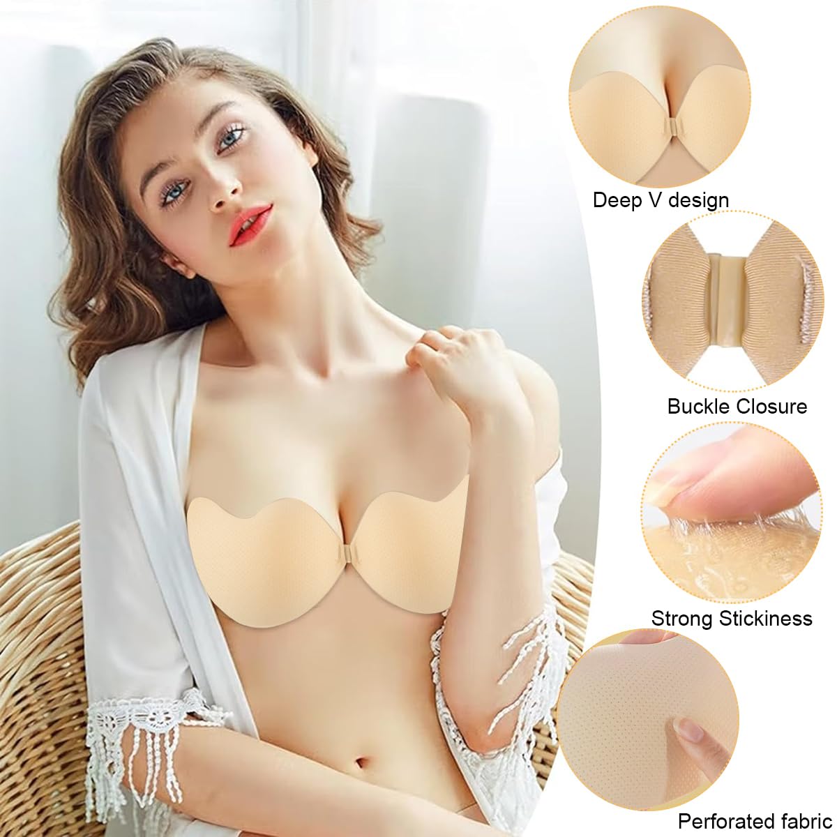 MAYCREATE Silicone Stick On Bra for Backless Dresses with Quick Hook Design | Apricot C Cup