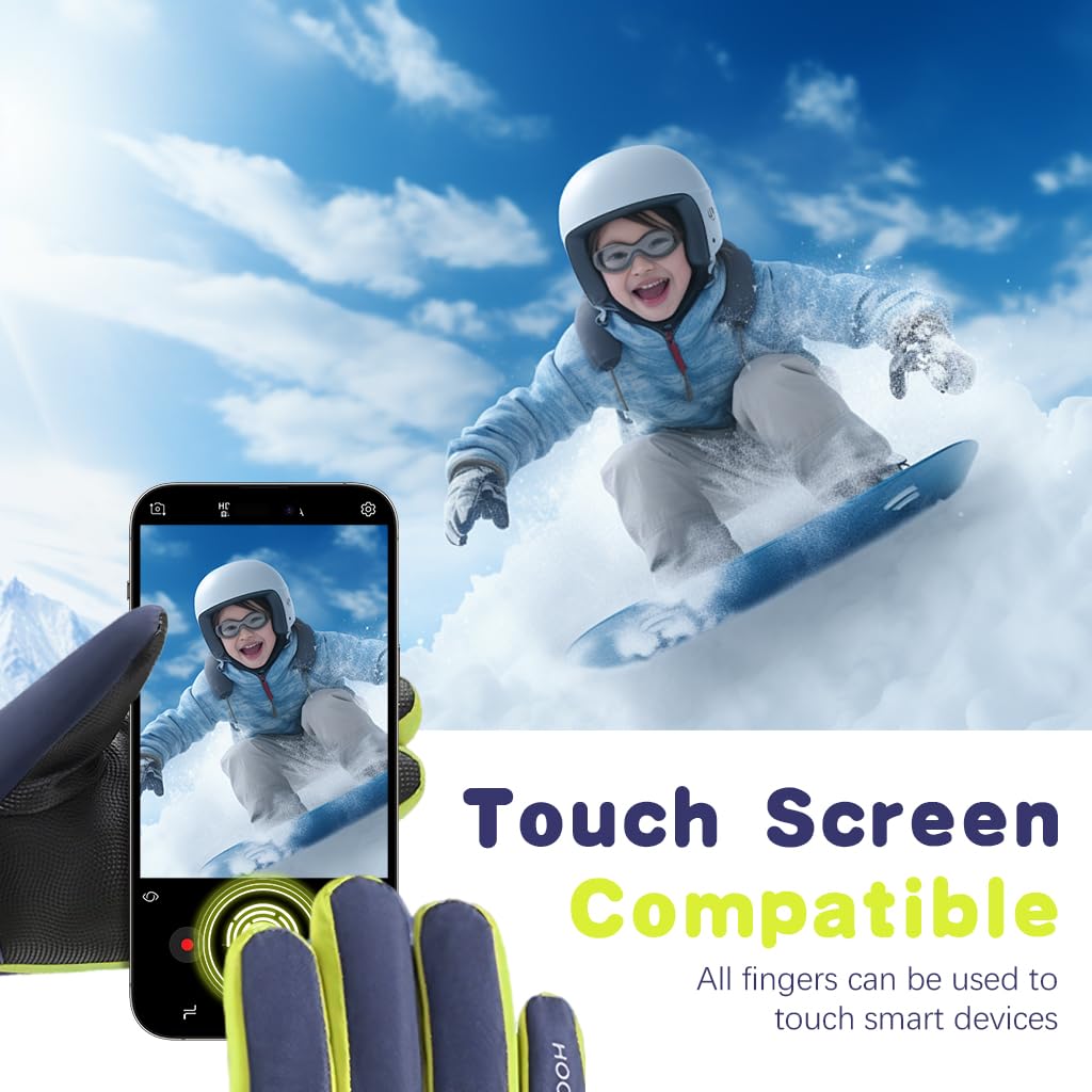 PATPAT Kids Winter Ski Gloves for Outdoor Play with Waterproof PU and Fleece Lining | Blue for Ages 8-12