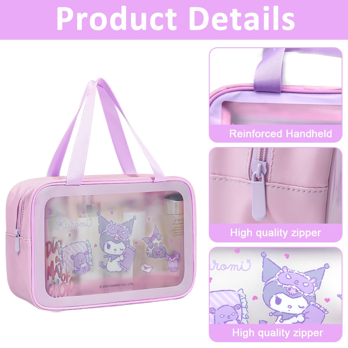 MAYCREATE® Travel Toiletry Bag Cartoon Kuromi Purple Print Toiletry Bag Makeup Organizer Bag Bathroom Shower Caddy Bag PVC Transparent Waterproof Travel Toiletry Zipper Pouch with Handle, 25x16x10cm