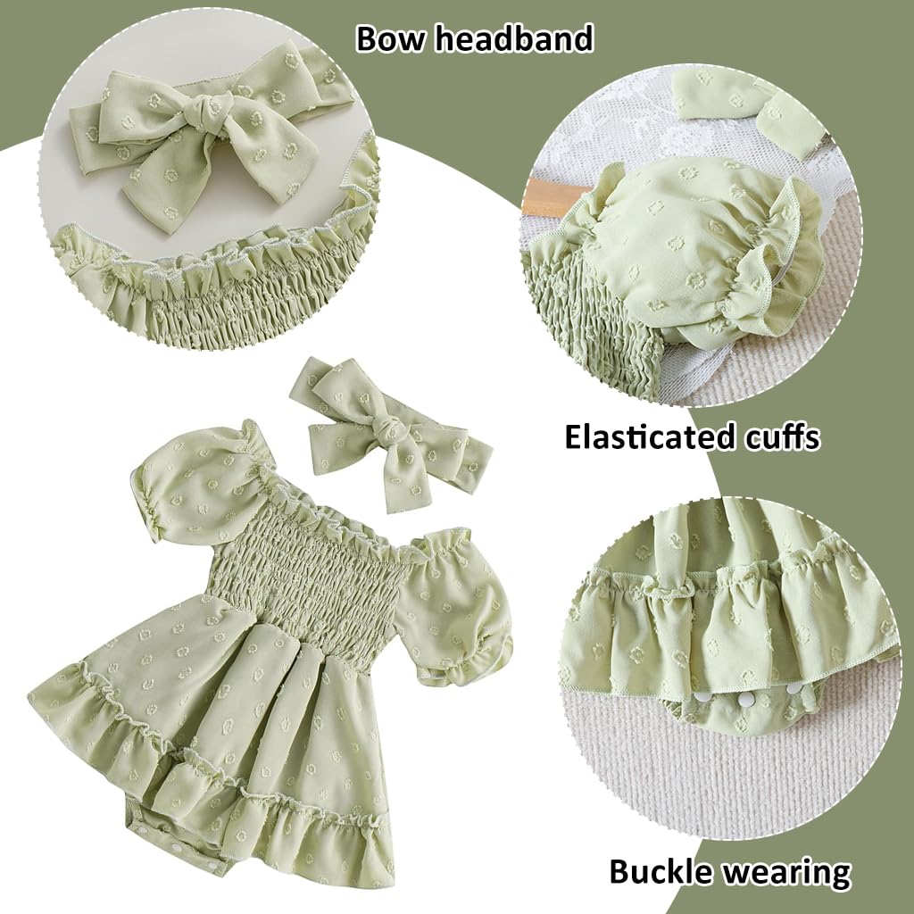 SNOWIE SOFT Baby Dress Bow Headband Set Infant Girls Romper Dress Light Green Princess Baby Dress Short Sleeve Ruched Jumpsuits Skirts Hem Bodysuits Baby Shower Gift for Infant Girls 3-6 Month