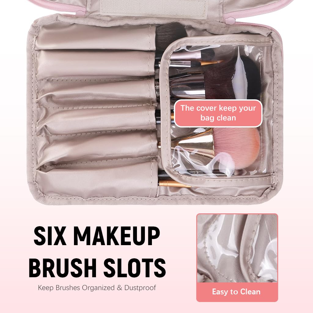 ZIBUYU Makeup Bag for Travel with 6 Brush Sleeves and Zipper Pouch | Waterproof 23x16.5x8cm