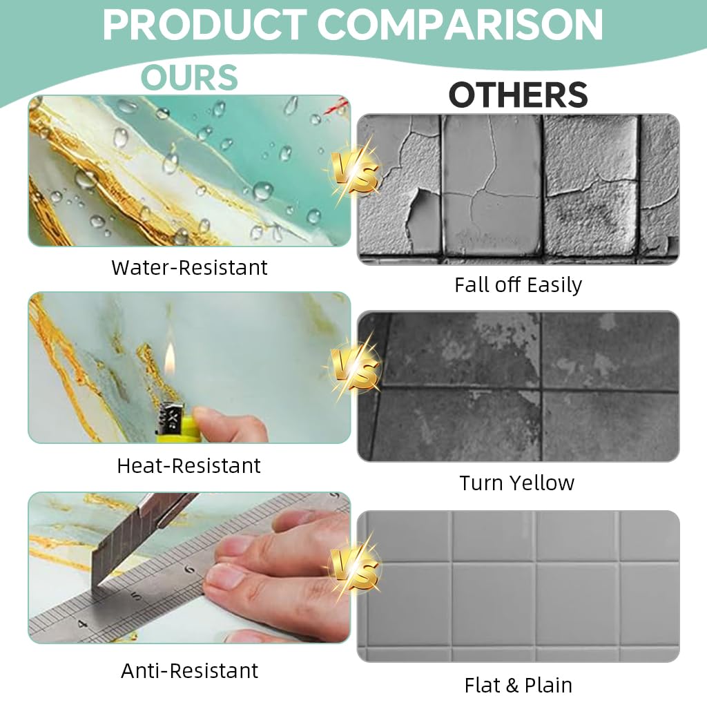 HASTHIP Wall Decorative Stickers for Home Decor with Tin Foil Adhesive Backing | 10 Pcs 11.8 in Square Marble Pattern Waterproof Tiles
