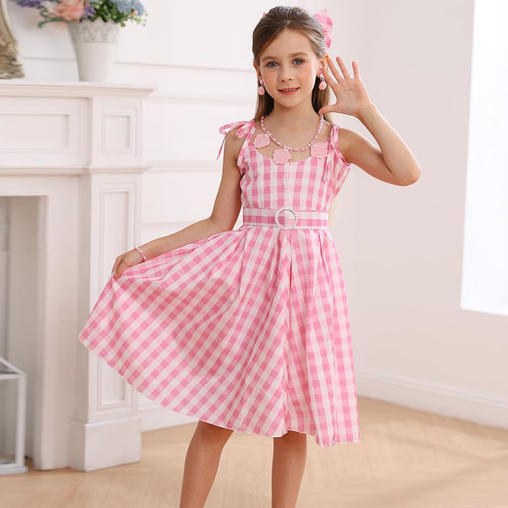 SNOWIE SOFT Girls Pink Cosplay Costume Dress with Belt and Bow for 110cm Kids | Polyester Cotton Movie Outfit