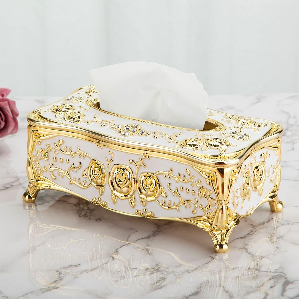 ZIBUYU® Desk Tissue Paper Box Embossed Golden Rose Tissue Paper Box Home Decor Desk Tissue Paper for Home Office Universal Square Luxury Tissue Paper Box Removable Cover Design, 23x13x9.5cm