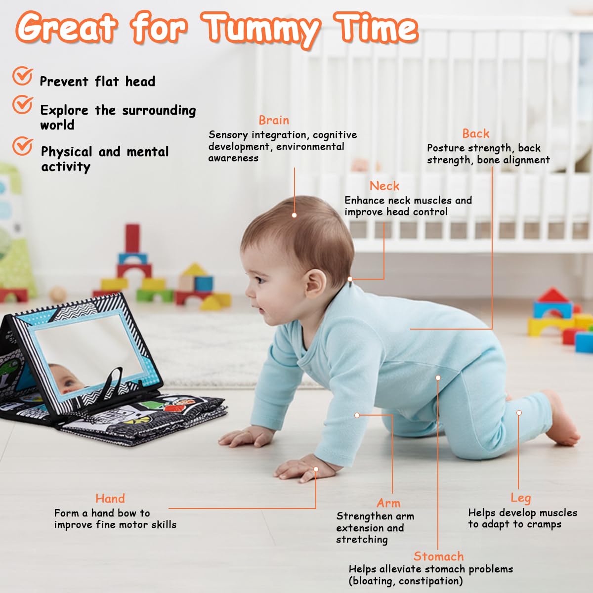 SNOWIE SOFT Baby Cloth Book Toy for Tummy Time with Crinkle Pages Mirror and Teether | Travel Friendly