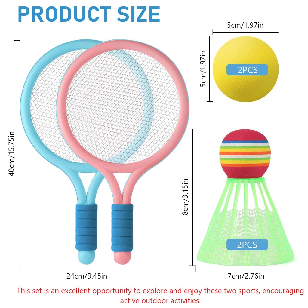 Proberos Kids Sport Racket Toy Set with 9 in Handles and 2 Tennis & Badminton Balls | Ages 6+