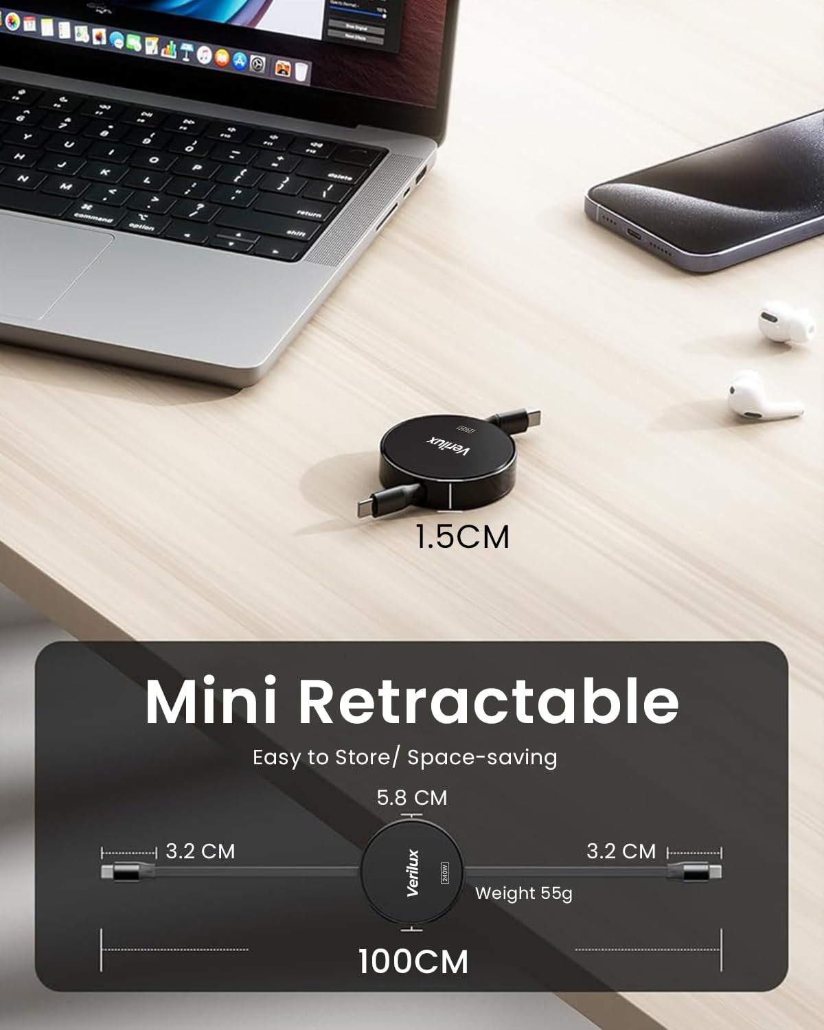 Verilux USB C to USB C Retractable Cable 3.3ft with 240W PD Fast Charging | Black