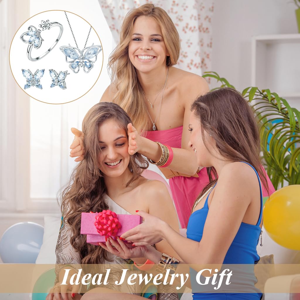 SANNIDHI Jewellery Set featuring 4 Pcs Crystal Butterfly Necklace Ring and Earrings for Women Girls | Blue Gift Collection