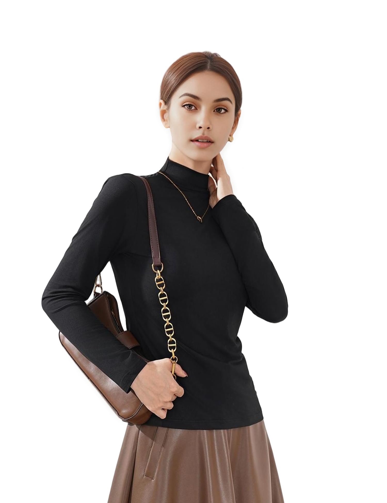 Venzina Women’s Long Sleeve Mock Neck Top for Fall and Winter Layering | Soft Stretch Slim Fit Blouse