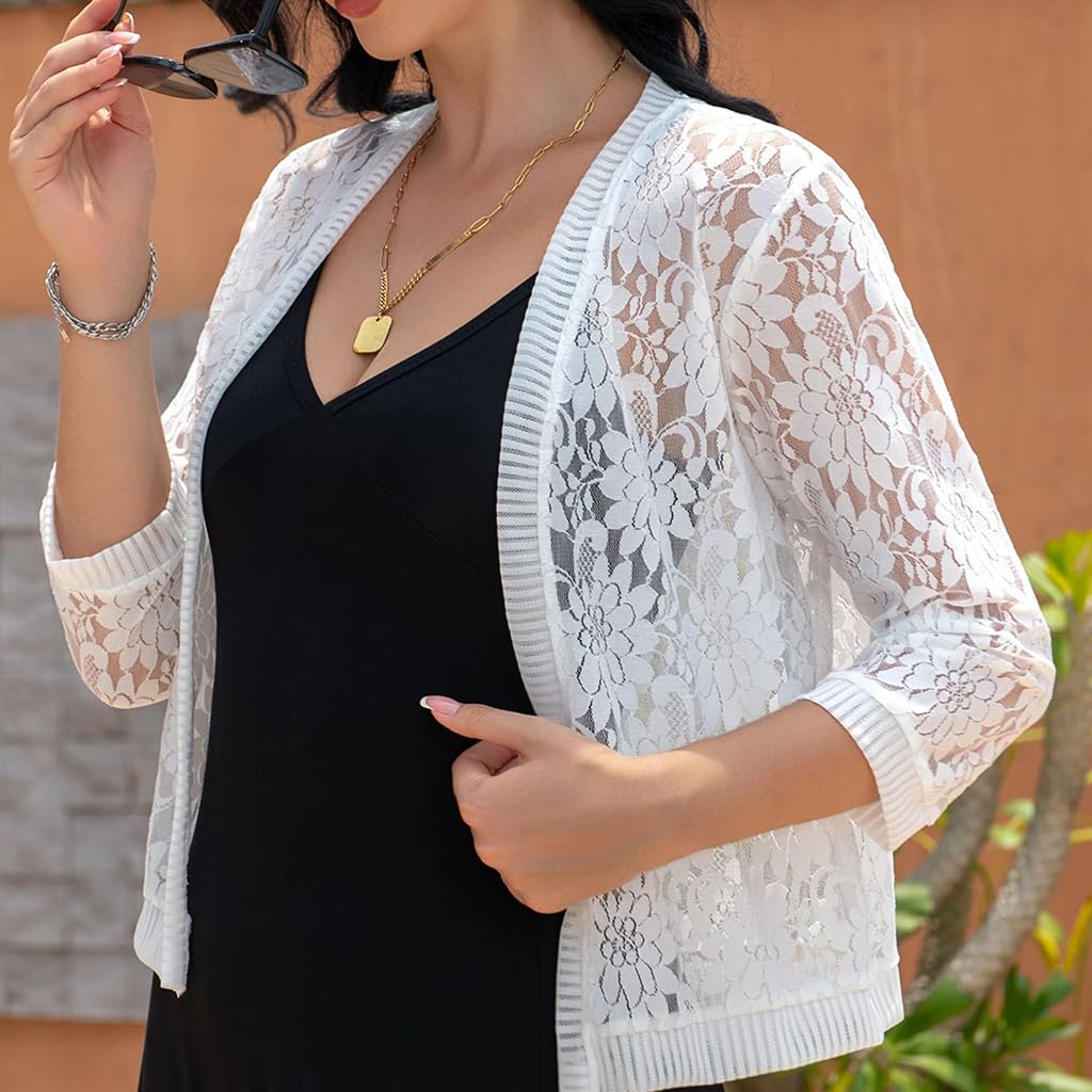 PALAY® Womens Casual Summer Lace Cardigan Open Front 3/4 Sleeve Solid Crochet Bolero Jacket Lace Shrug Cover Up