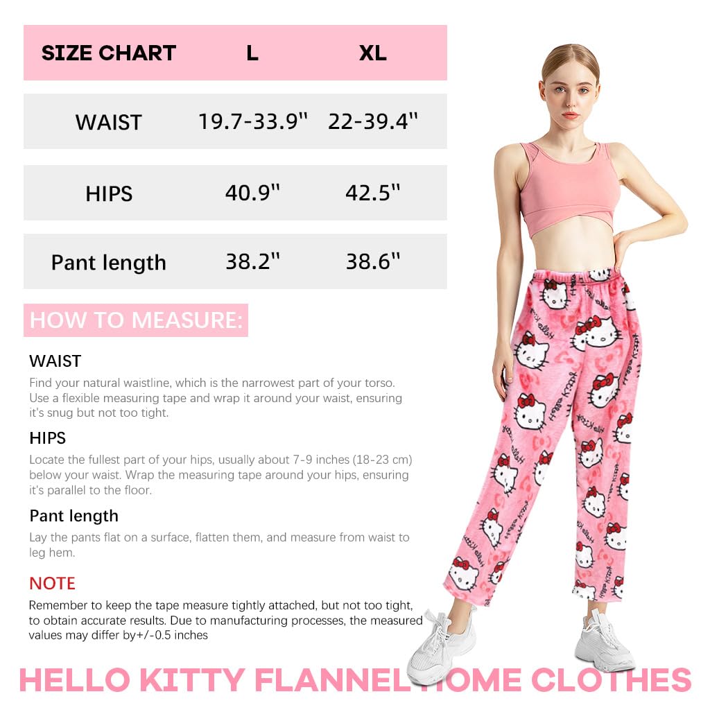 Venzina® Women's Pajamas Bottom Winter Warm Flannel Pink Hello Kitty Home Wear Pants Elastic Waist Warm Plush Trousers Daily Wear Cozy Home Wear Pants, L