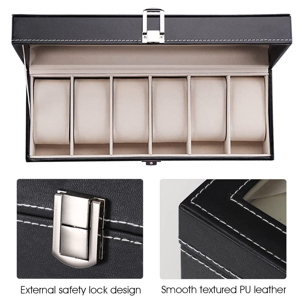 HASTHIP® Watch Box 6 Slots, Leather Watch Storage Box with Lock & Transparent Window, Watch Case Black Watch Box - Pu Material Waterproof (No Watch)