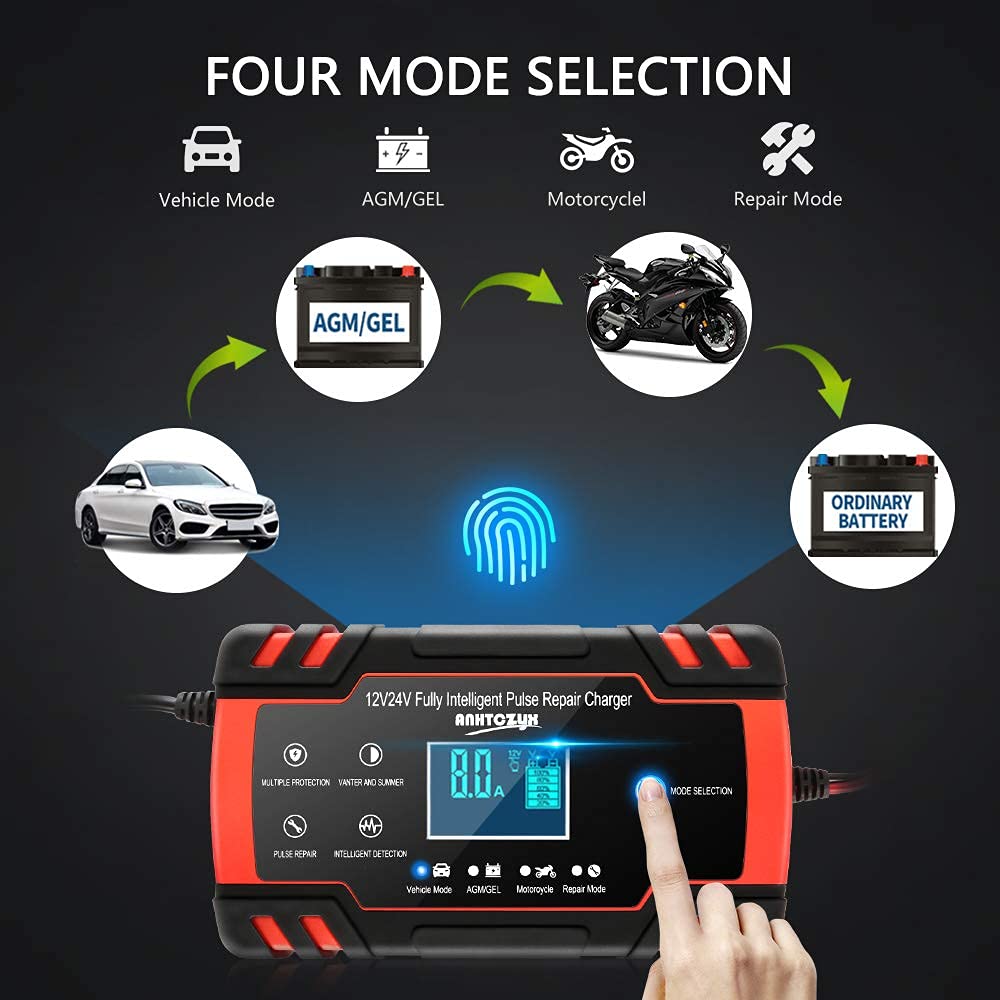 STHIRA Car Battery Charger for 12V and 24V Lead Acid Batteries with 8A Output | Intelligent Digital Display and Multi Protection