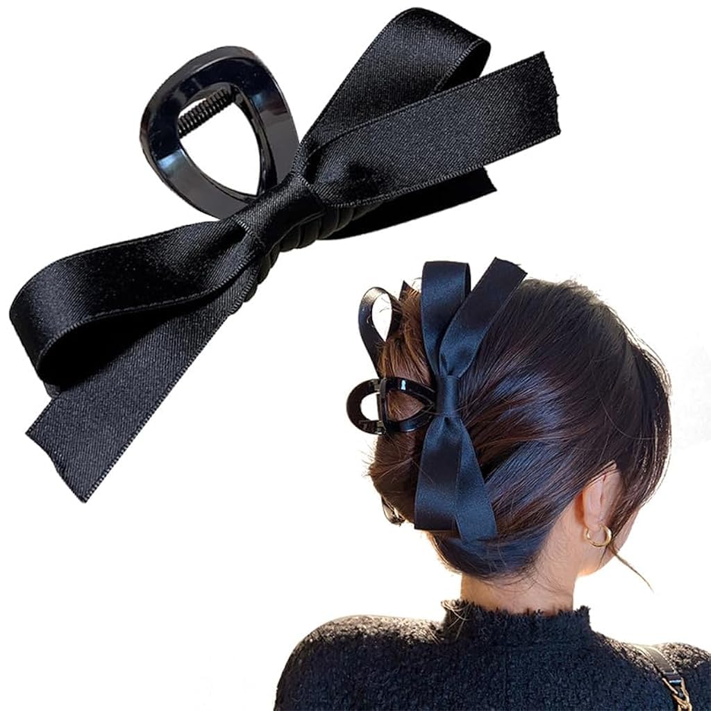 PALAY® Bow Hair Clips for Women Stylish 5'' Large Bow Clutcher for Women Hair Satin Hair Bow Clips for Women Girls Big Hair Claw Clip Clamp - Black