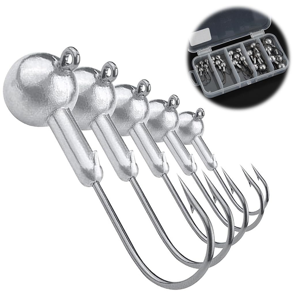 Proberos Fishing Hook Set for Freshwater and Saltwater with 25pcs and 5 Weights | Sharp Steel Round Lead Head