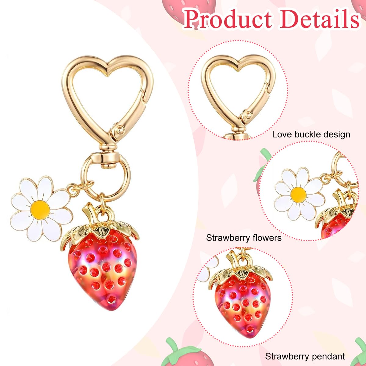 PALAY Strawberry Bag Charms Keychain for Handbags with Heart Carabiner and Flower Accent | 2 Pcs Gift Set for Women and Girls