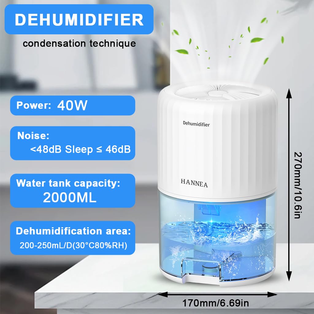 HANNEA Dehumidifier for Home with 2L Water Tank and Ultra Quiet Sleep Mode | White LED Model