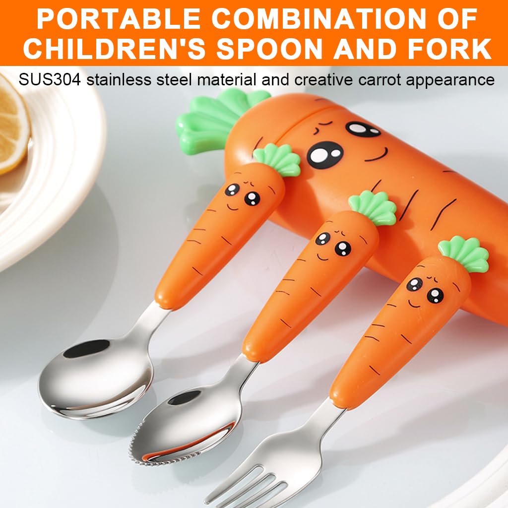 Supvox Spoon and Fork Set for Toddlers with Case featuring Carrot Handles and Serrated Spoon