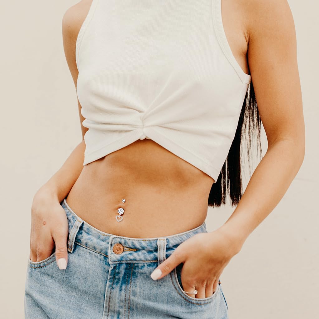SANNIDHI Belly Button Rings for Women with Rhinestone Dangles and Stainless Steel Set of 5