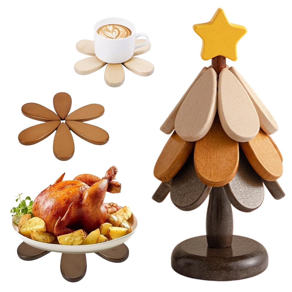 HASTHIP Wooden Coasters Set for Dining Table with Tree Shaped Holder and Rustic Floral Design | 3pcs Heat Resistant Cup Mats