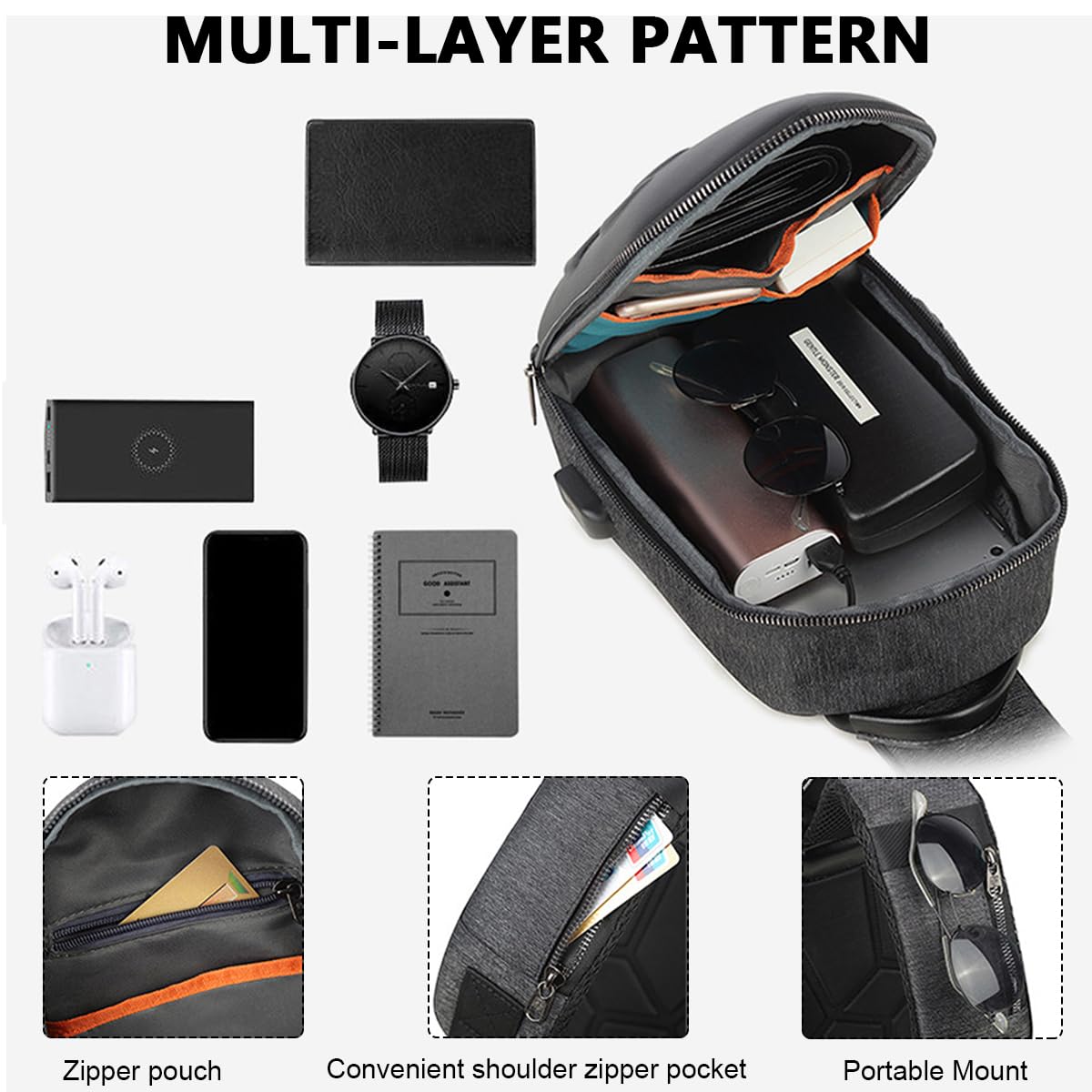 GUSTAVE Cross Body Bag for Outdoor Activities with 3-Digital Lock and USB Port | PVC 31×18×6 cm