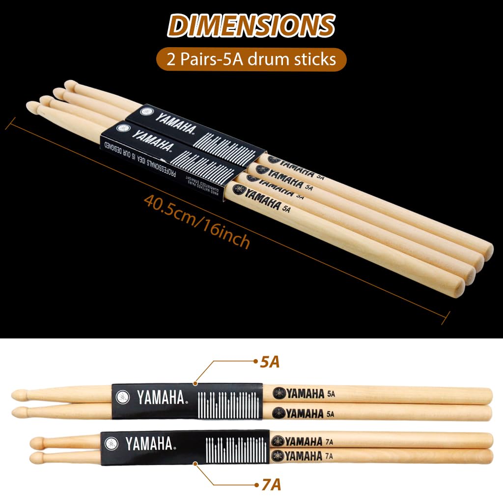 HASTHIP® 5A Drum Sticks Maple Drumsticks, 2 Pair 16inch Drum Sticks Set, Wood Drumsticks Drum Accessories for Adults & Youth, Oval Wood Tip, Perfect for Pros and Beginners