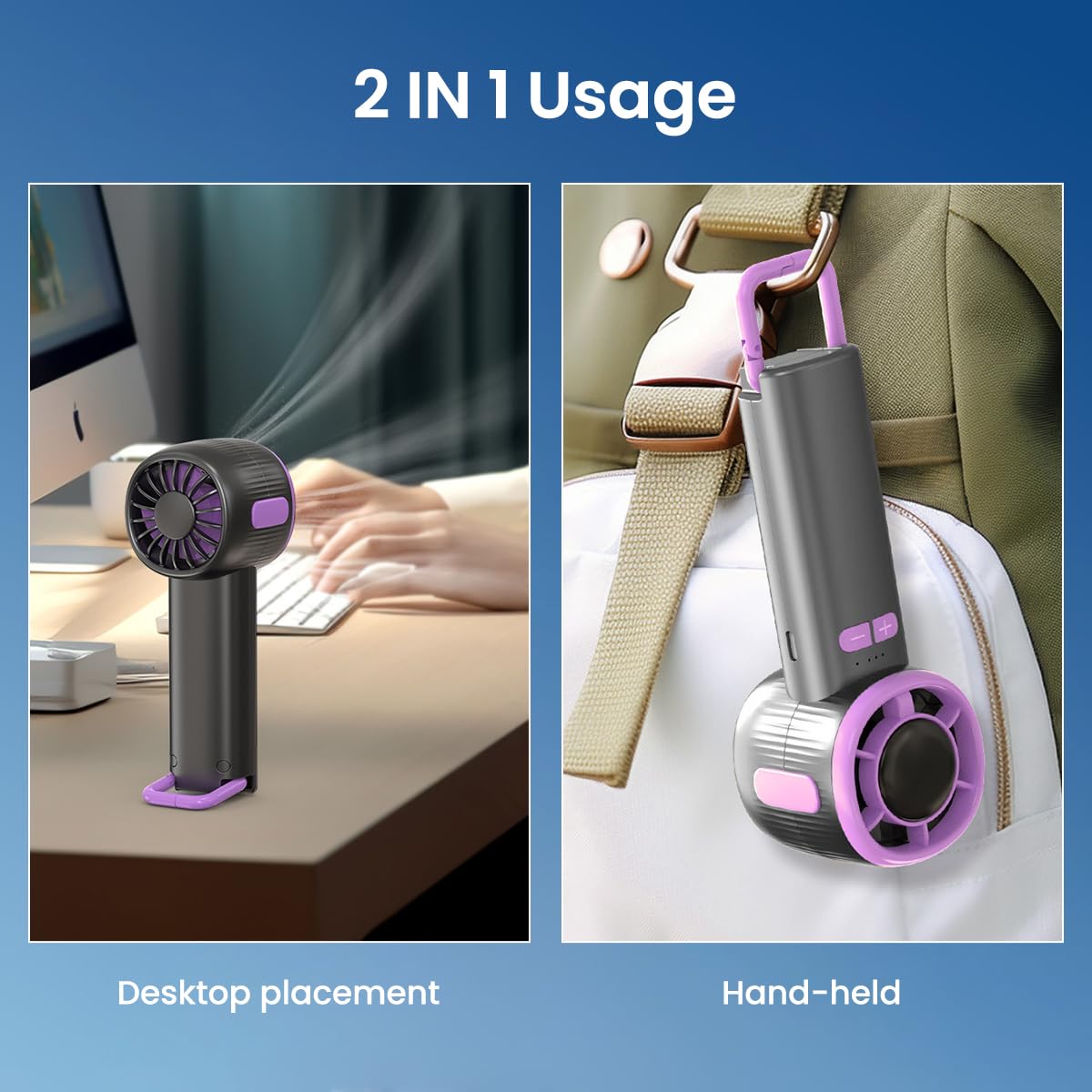 Verilux USB Handheld Fan for Travel and Hiking with 6.4x15.2cm Compact Design | Stepless Airflow & Digital Display