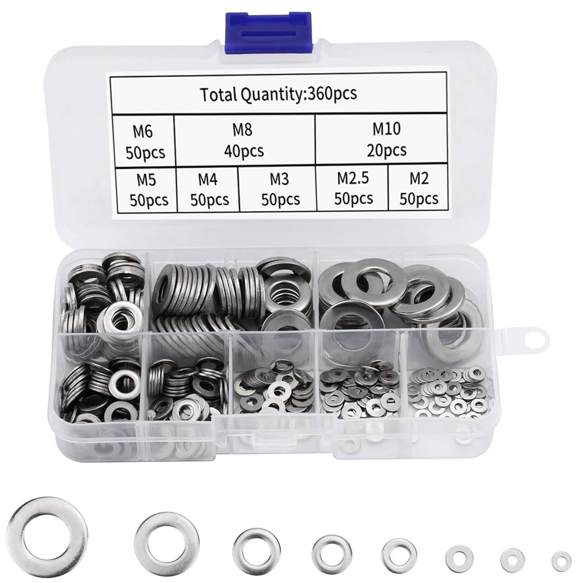 Serplex® 360Pcs 304 Stainless Steel Flat Washers for Screws Bolts, Fender Washers Assortment Set, Assorted Hardware Lock Metal Washers Kit 9 Sizes-M2 M2.5 M3 M4 M5 M6 M8 M10 for Home, Factories Repair